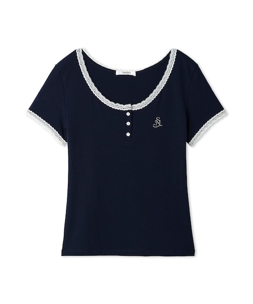 【WEB限定カラーあり】レースデザインヘンリーネックTシャツ