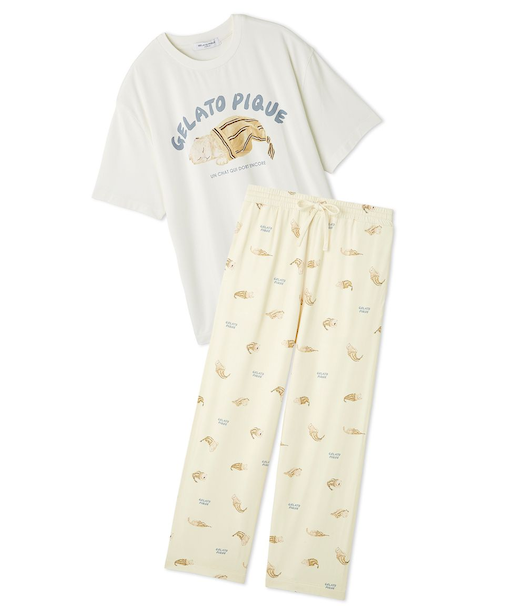 【ONLINE限定】【HOMME】sleeping cat ワンポイントTシャツ＆総柄ロングパンツセット