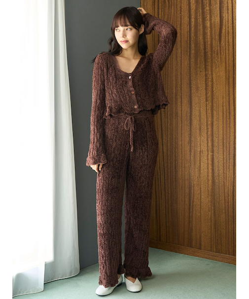 フェザー柄編みロングパンツ