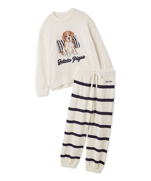 【ONLINE限定】【UNISEX】エアリーモコプレイフルDOGジャガードプルオーバー&ボーダーロングパンツセット