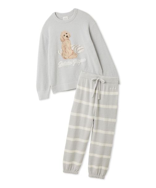 【ONLINE限定】【UNISEX】エアリーモコプレイフルDOGジャガードプルオーバー&ボーダーロングパンツセット