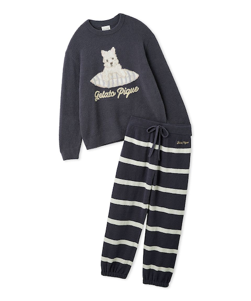 【ONLINE限定】【UNISEX】エアリーモコプレイフルDOGジャガードプルオーバー&ボーダーロングパンツセット