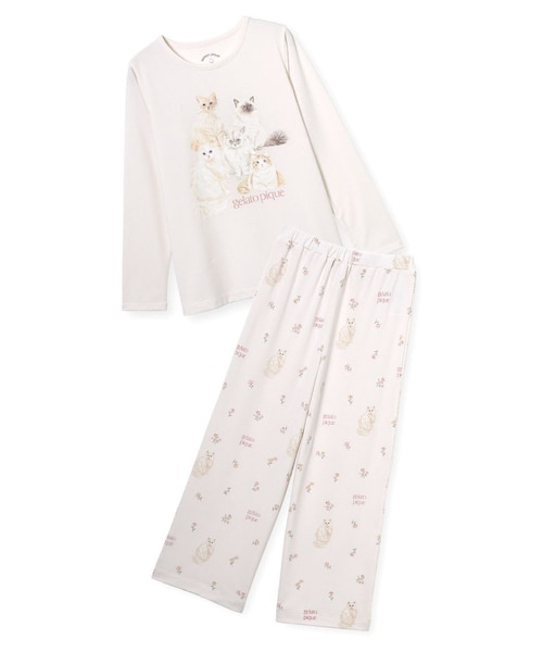 JUNIOR】フラワーキャット柄プルオーバー&ロングパンツセット