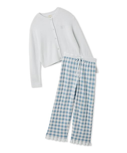 【WhiteDay】リブカーディガン&チェックロングパンツセット