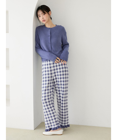 【WhiteDay】リブカーディガン&チェックロングパンツセット
