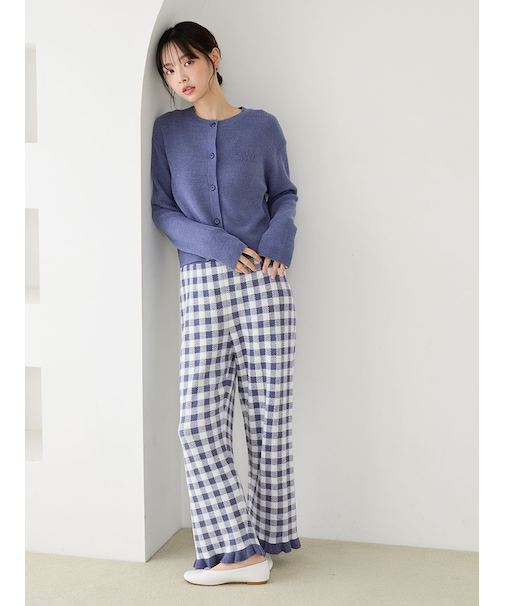 【WhiteDay】リブカーディガン&チェックロングパンツセット