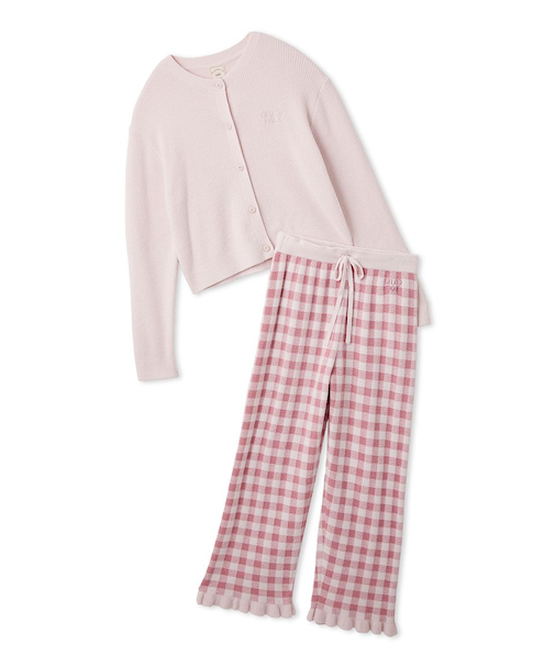 【WhiteDay】リブカーディガン&チェックロングパンツセット