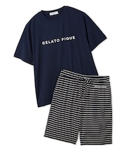 【HOMME】レーヨンロゴTシャツ&ボーダーハーフパンツセット
