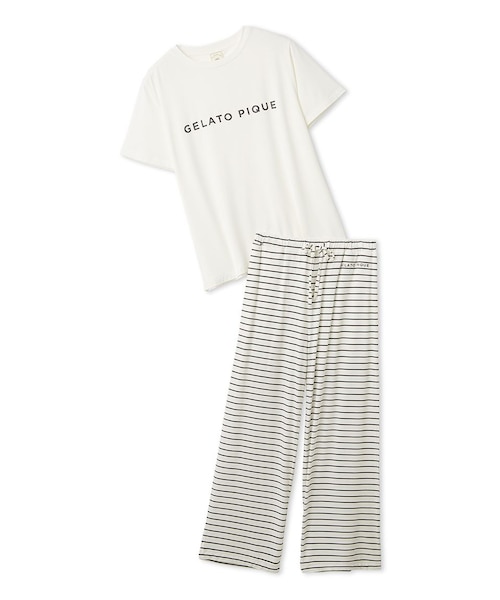 レーヨンロゴTシャツ&ボーダーロングパンツセット｜ジェラートピケの