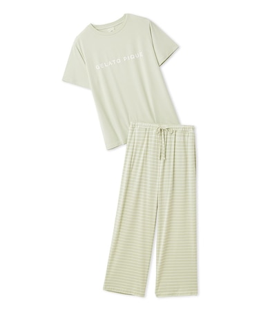 レーヨンロゴTシャツ&ボーダーロングパンツセット