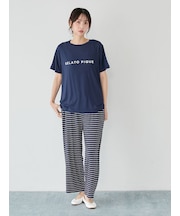 レーヨンロゴTシャツ&ボーダーロングパンツセット