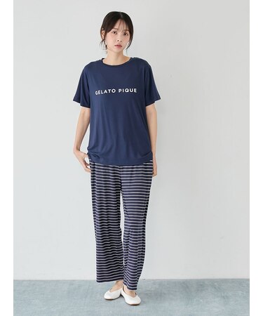 レーヨンロゴTシャツ&ボーダーロングパンツセット