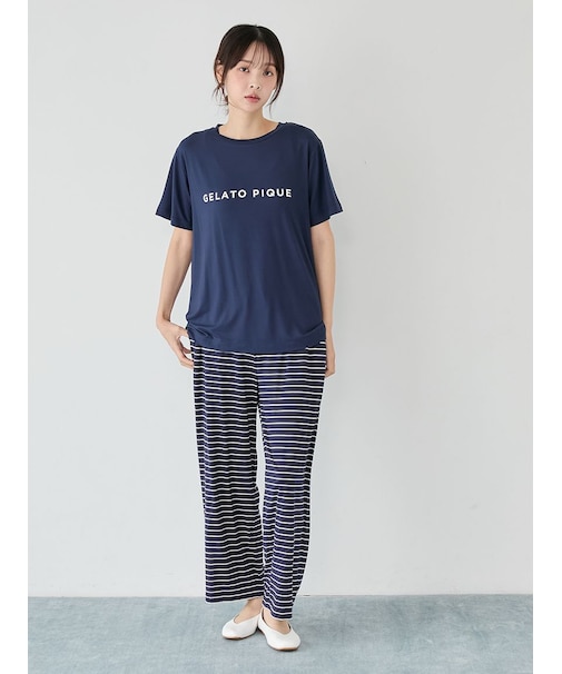 レーヨンロゴTシャツ&ボーダーロングパンツセット