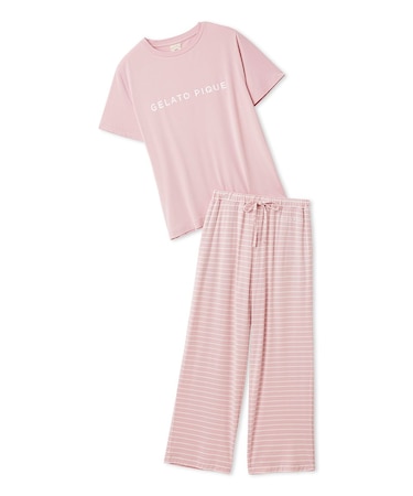 レーヨンロゴTシャツ&ボーダーロングパンツセット