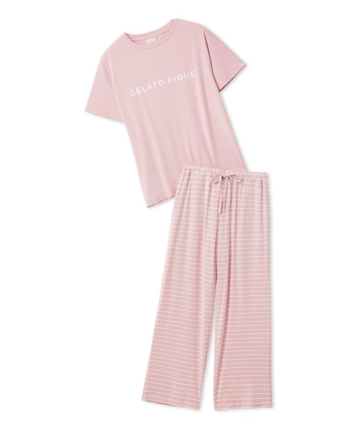 レーヨンロゴTシャツ&ボーダーロングパンツセット