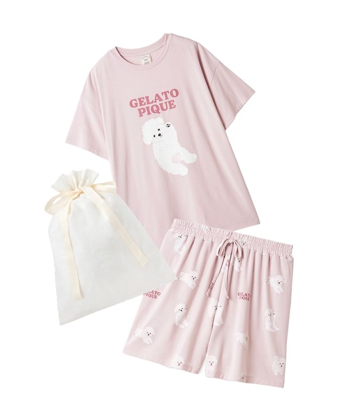 ジェラートピケ　ドッグワンポイントTシャツ＆ショートパンツ　ライトピンク ラッピング済み】ドッグワンポイントTシャツ&ショートパンツSET