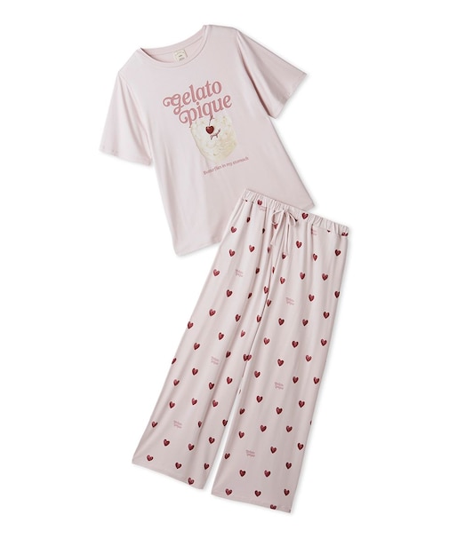 【ONLINE限定】【接触冷感】ケーキワンポイントTシャツ&ハート柄ロングパンツセット