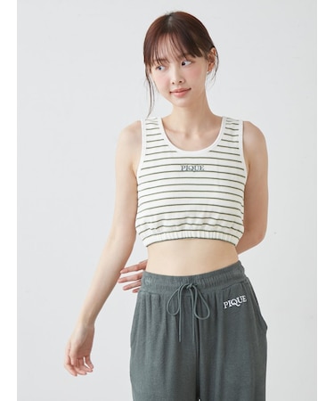 【接触冷感】ワッフルボーダーカップインブラトップ
