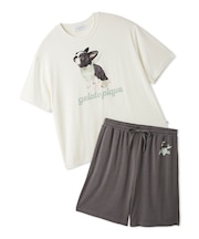 【HOMME】【接触冷感】レーヨンボストンテリアワンポイントTシャツ&ハーフパンツセット