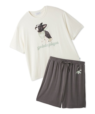 【HOMME】【接触冷感】レーヨンボストンテリアワンポイントTシャツ&ハーフパンツセット