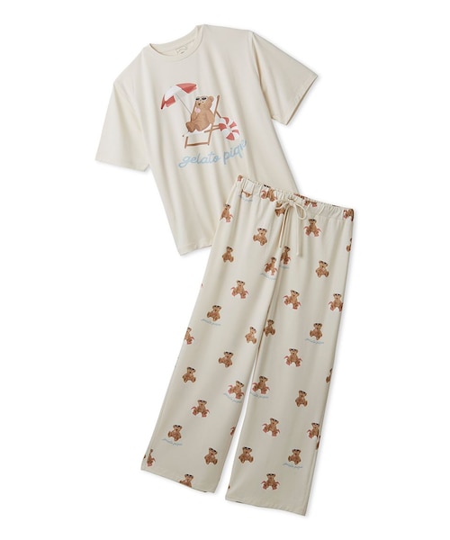 ロゴ入りTシャツセット（ホワイト・ブラウン・ホワイト パンツセット ONLINE限定】【接触冷感】サマーベア柄ワンポイントTシャツ&ロング