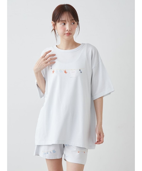 夏に涼しげ！キュートな小花柄♡トレンド！ゆるふわシルエット/半袖シャツ【XS】 net限定】高島縮 20/20 藍捺染（あいなせん） スタンドカラー半袖