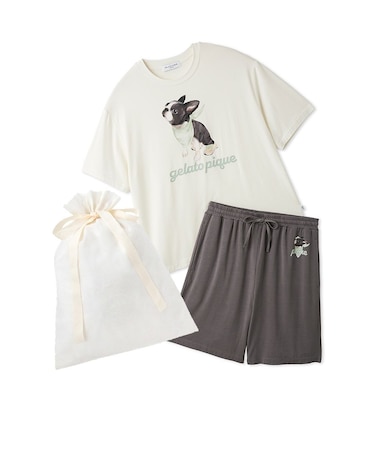 【ラッピング済み】【HOMME】【接触冷感】レーヨンドッグワンポイントTシャツ&ハーフパンツセット