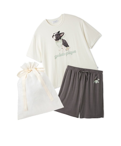 【ラッピング済み】【HOMME】【接触冷感】レーヨンドッグワンポイントTシャツ&ハーフパンツセット
