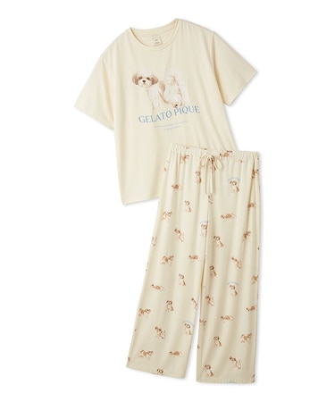 【ONLINE限定】【接触冷感】【UVカット】お散歩ドッグワンポイントTシャツ&ロングパンツセット