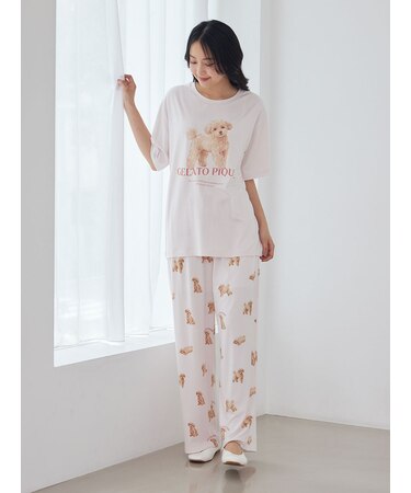 【ONLINE限定】【接触冷感】【UVカット】お散歩ドッグワンポイントTシャツ&ロングパンツセット