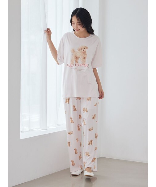 【ONLINE限定】【接触冷感】【UVカット】お散歩ドッグワンポイントTシャツ&ロングパンツセット