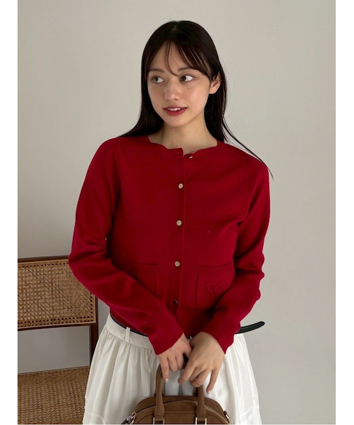 ロゴ刺繍ポケットクルーネックカーディガン／ウォッシャブル