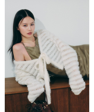 ネット編みシャギーボーダーカーデ