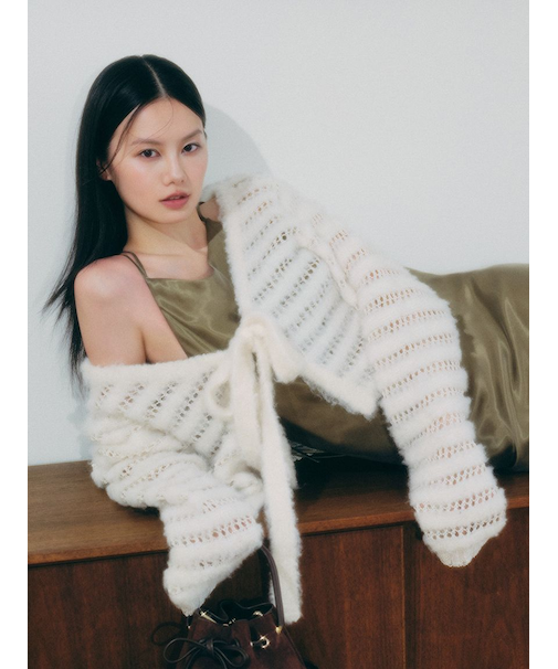 ネット編みシャギーボーダーカーデ