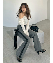 【00サイズ】リボンモチーフストレートワイドデニム