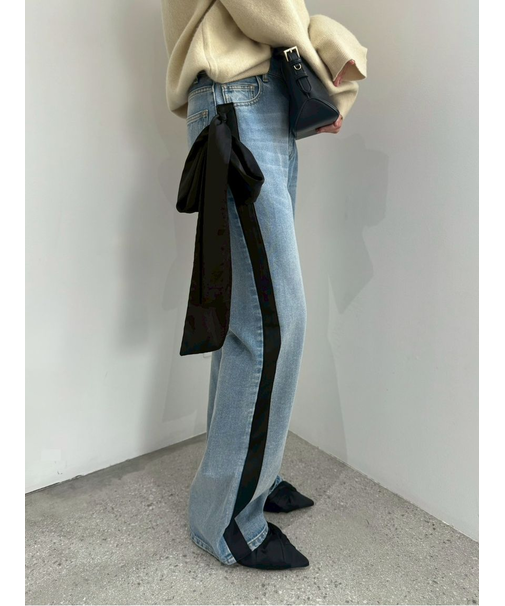 【00サイズ】リボンモチーフストレートワイドデニム