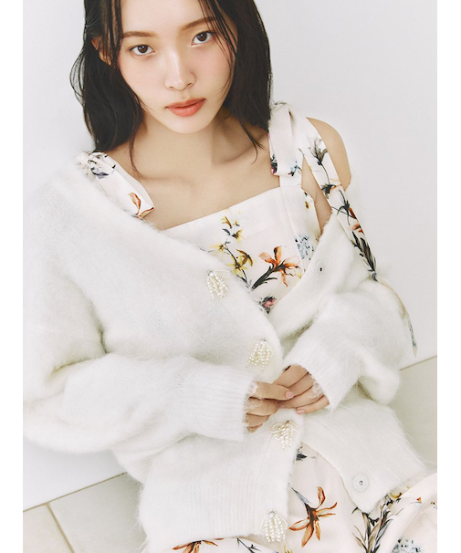 パールリボンシャギーミドルＶネックカーディガン