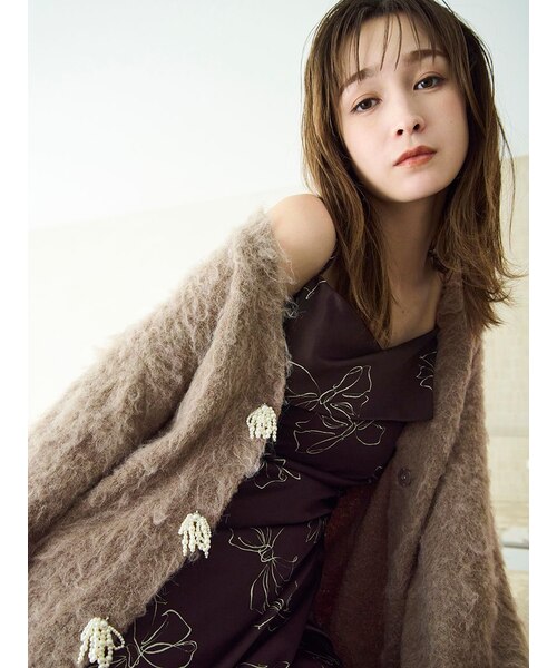 パールリボンシャギーミドルＶネックカーディガン パールリボンシャギーミドルVネックカーディガン｜フレイアイディーの