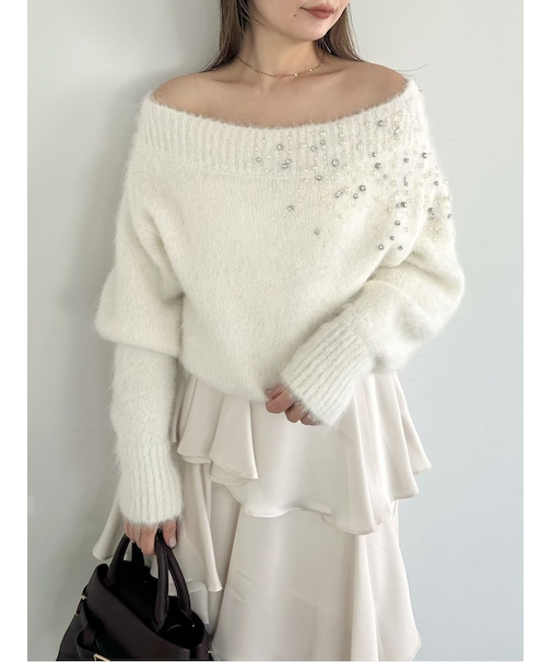 アルパカシャギービジューオフショルニット