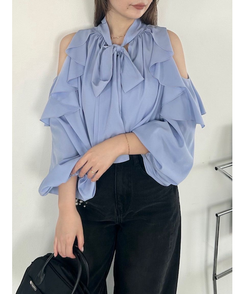 【限定カラー】2wayショルダーフリルボウタイブラウス