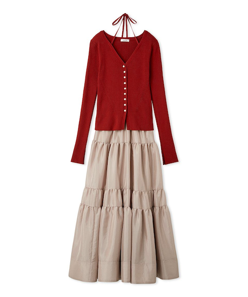 リブカーディガンティアードスカートセットアップ