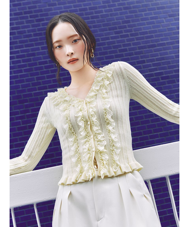 フリルレースコンビニットカーデ