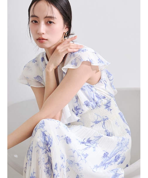 【00サイズあり】フリルウエストシャーリングプリントワンピース／ウォッシャブル