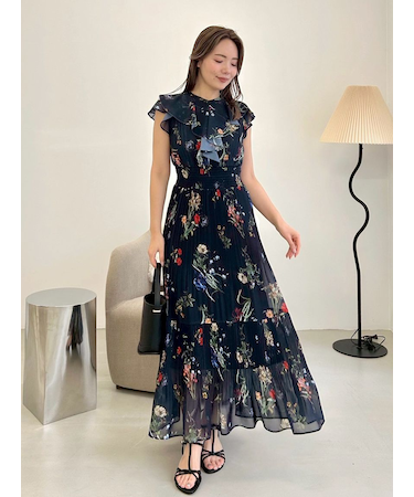 【00サイズあり】フリルウエストシャーリングプリントワンピース/ウォッシャブル