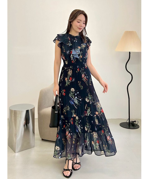 【00サイズあり】フリルウエストシャーリングプリントワンピース/ウォッシャブル