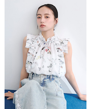 フラワープリントギャザーフリルブラウス