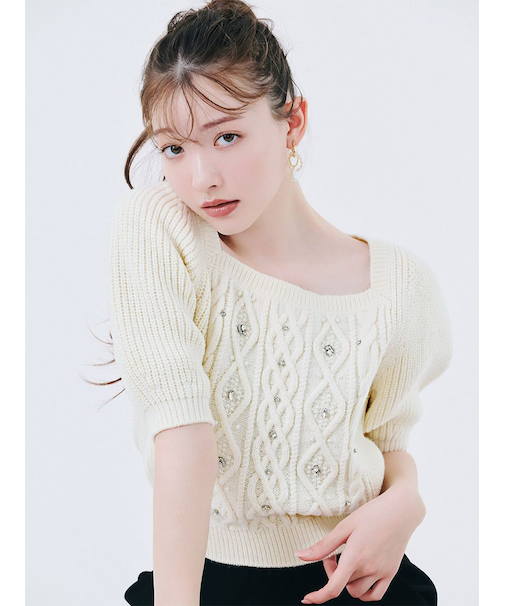 【WEB限定カラー】[L.B CANDY STOCK]シフォンリボンビジューニットトップス