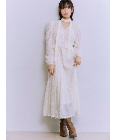 【WEB限定00サイズ】ボウタイ付きフリンジジャガードペプラムワンピース