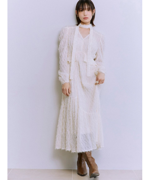 【WEB限定00サイズ】ボウタイ付きフリンジジャガードペプラムワンピース