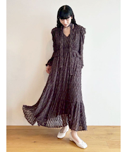 【WEB限定00サイズ】ボウタイ付きフリンジジャガードペプラムワンピース